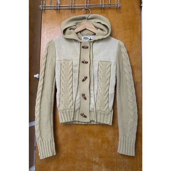 Arpeja Sweaters - Vintage 1970s Does 30s Arpeja Cable Knit Suede Fisherman Cardigan Sweater Sz S M